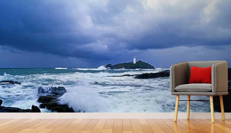 Approaching Storm Godrevy Lighthouse Wallpaper Mural