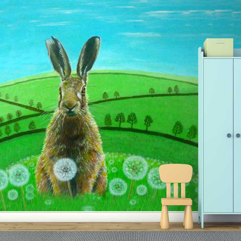 Fat Hare in Dandelions Wallpaper Mural