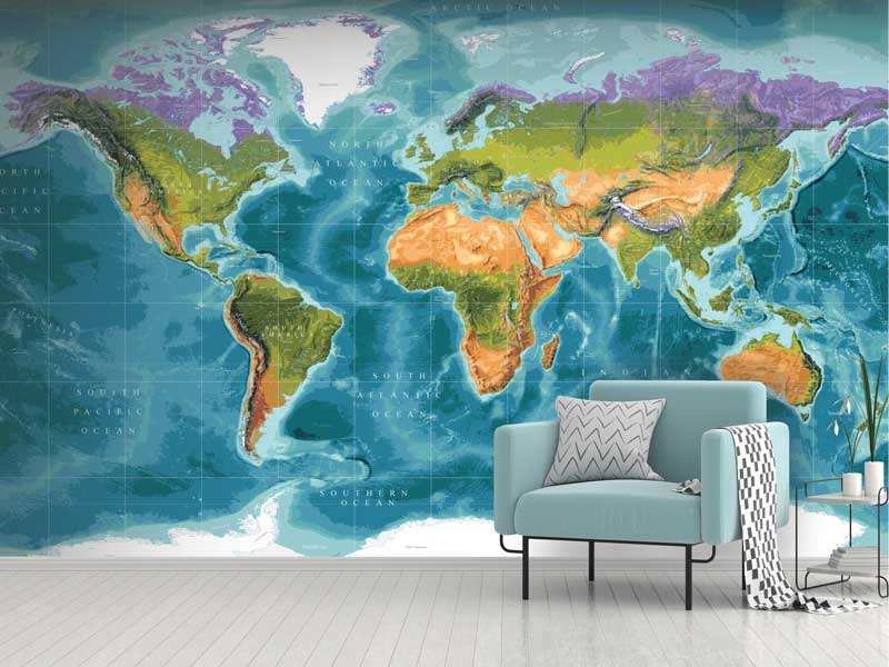 Bathymetric with Continents World Map