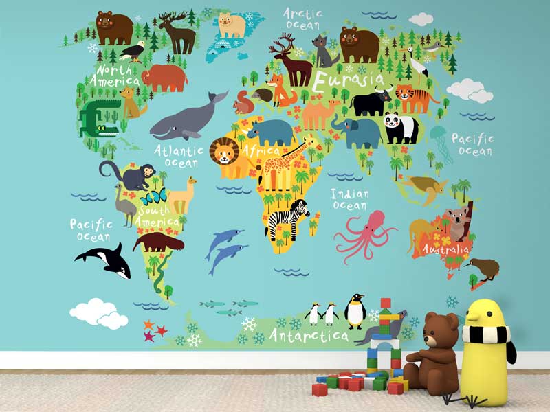 Kids World Map Wallpaper Mural - World Map Wallpaper Kids