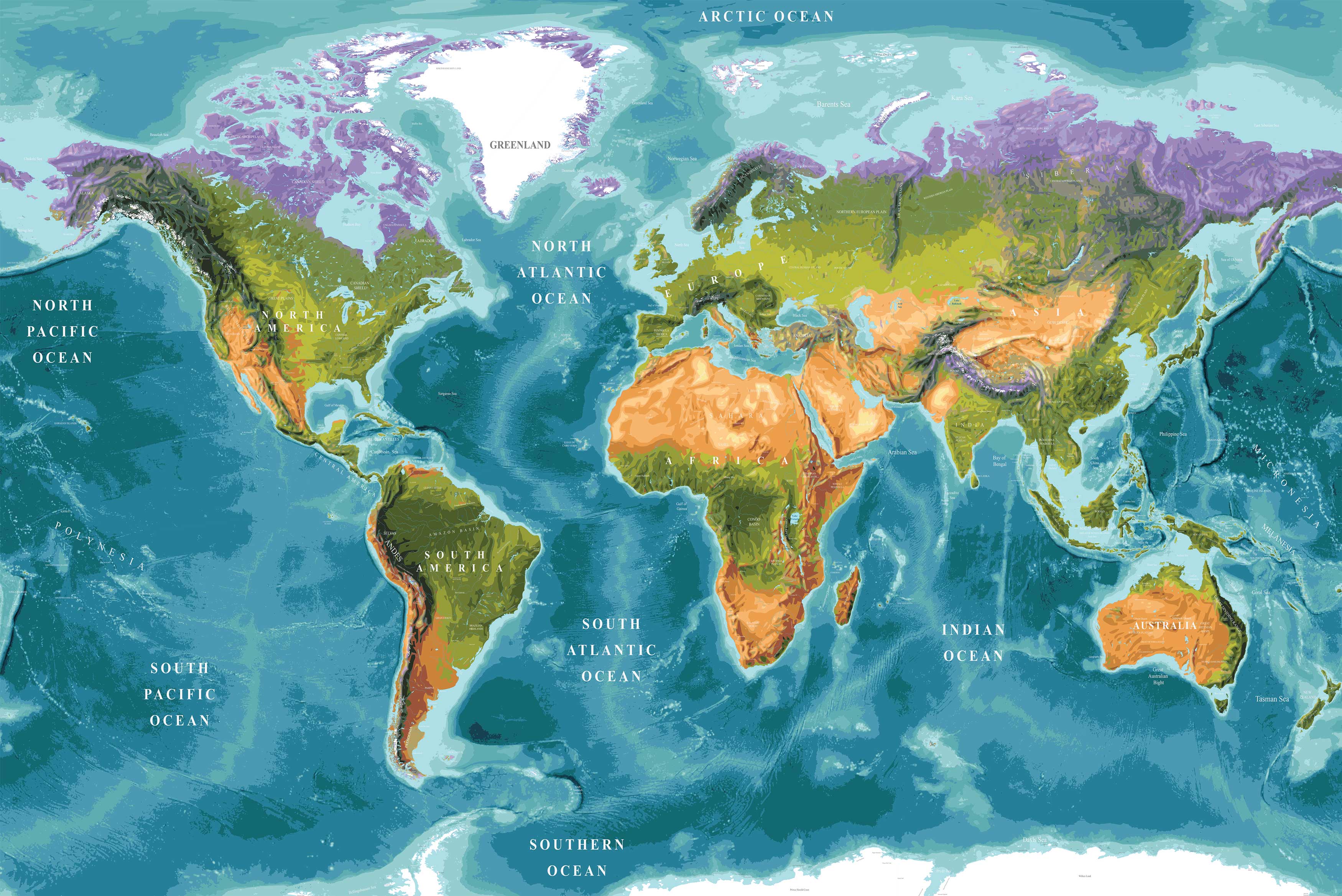 Bathymetric World Map Wallpaper Mural