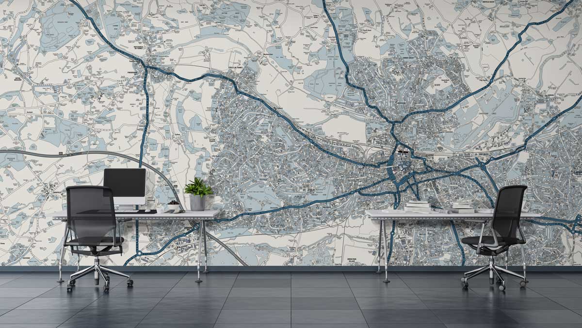 estate agent office with wallpaper map