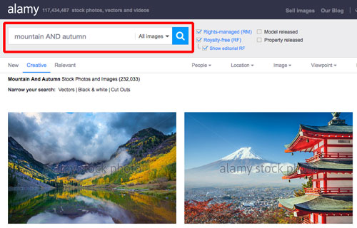 Alamy photo library search tool