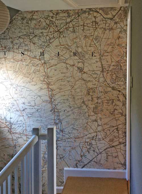 Angus Harvey top of the stairs map wallpaper mural