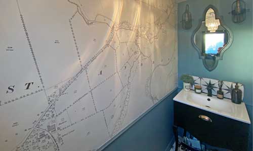 historic Ordnance Survey map wallpaper in bathroom